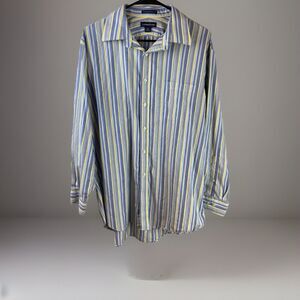 Lands End Shirt Mens 16.5 32/33 Super Fine 2-Ply Yarn Button Striped Long Sleeve